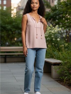 Ellen Tracy Pink Linen Sleeveless Tunic with Tassel Ties Boho Spring Summer